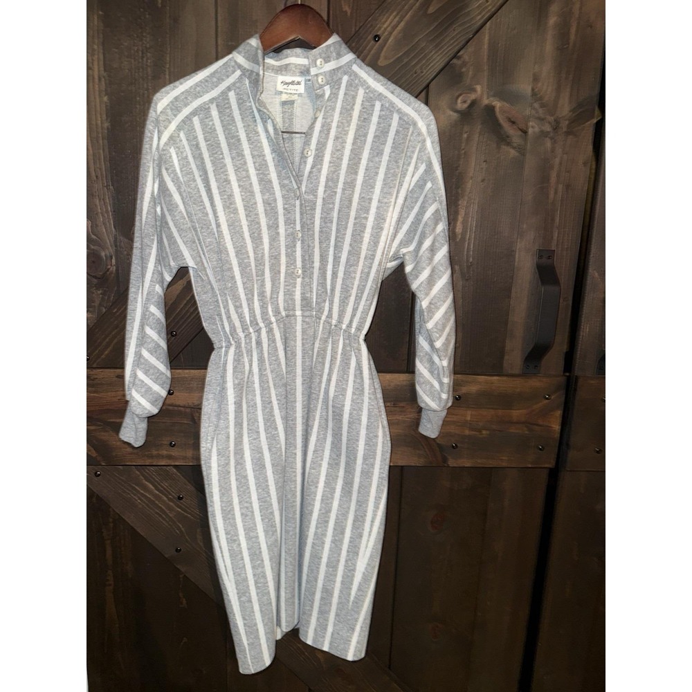 VTG 80s Women's Sz 2P 2 Petite Knights Ltd‎ Gray White Striped Sweatshirt Dress